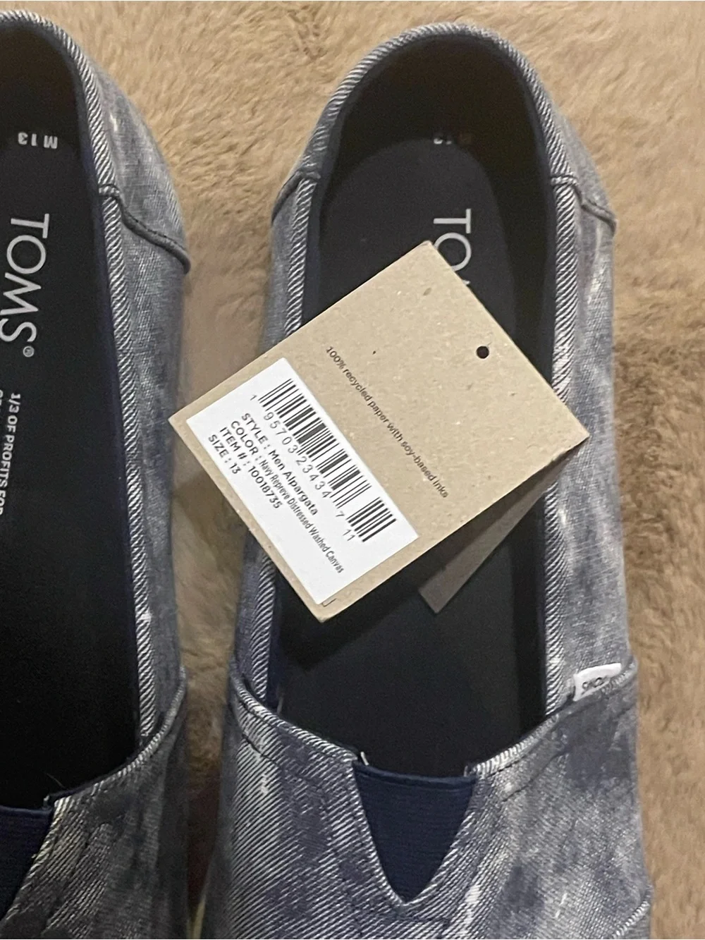 TOMS MENS 13 NAVY DENIM WHITEWASHED SHOES LIKE NEW WITH TAG FLATS ALPARGATA